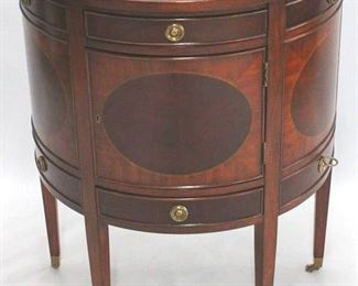 1357 - Modern History inlaid mahogany demilune chest crushed spot on right back corner 36 x 30 x 16.25
