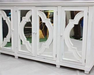 1370 - Mirrored front 4 door console 1 mirror has small crack 42 x 78.5 x 18
