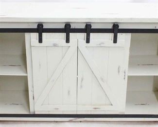 1467x - New painted media console, sliding doors small crack on lower leg, split on side 34 x 60 x 16
