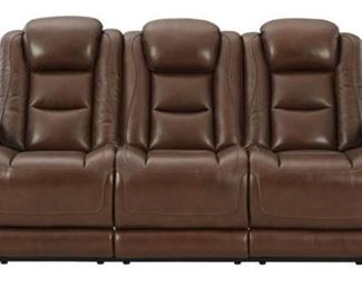 1503 - New Ashley Man-Den Mahogany power sofa Leather interior, vinyl/polyester exterior P2, power head & foot Wireless chargers on each side center loft top console with lights & cup holders 86 x 41 x 43
