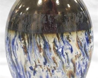 3240 - Blue/Cream/Bronze Three Hands Ceramic Vase 14.5" tall
