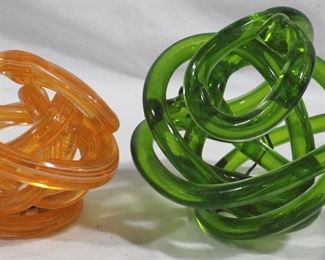 3332 - Pair of Orange/Green Three Hands Glass Sculptures 6" round & 5" round

