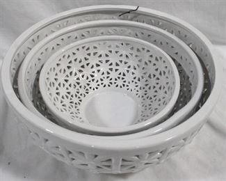 3346 - 3 pc. Set of White Three Hands Ceramic Bowls 12" round, 14" round, & 9.5" round
