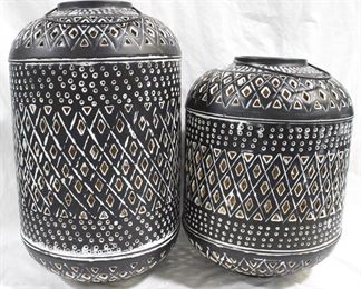 3349 - Pair of Black and White Three Hands Metal Vases 20" tall and 16" tall
