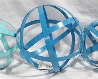 3352 - 3 Blue Three Hands Metal Ball Sculptures 7" round and 10" round
