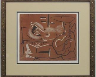 9036 - FEMME COUCHEE ET GUITARISTE PRINT BY PABLO PICASSO 21.5 X 19.5
