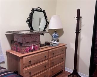 dresser, mirrors, coat rack, bed set