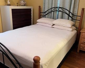 bed set, linens, curtains, dresser, lamp, decor