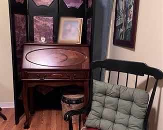 rocking chair, stationary desk, curtain, decor