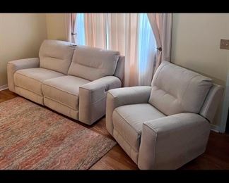 Cream Soft Leather Electric Recliner Chair and Loveseat set - $1200
