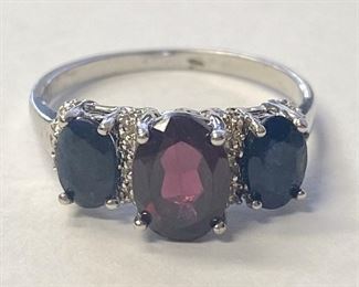 2w - Garnet and Sapphire Sterling Silver Ring Sz 7
