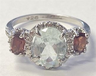 1w - 1.52CT Aquamarine & Garnet Sterling Silver Ring Sz 6.5
