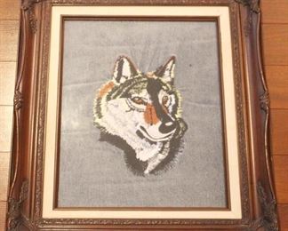 219 - Framed embroidery of wolf on denim - 17 x 20
