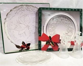 3515 - Glass Holiday Trays & 2 Glass Angel Candle Holders
