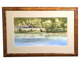 Signed W. Idewes Watercolor Lakeside Train Art
