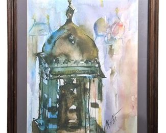 Imaginative Architecture Watercolor Lithograph
