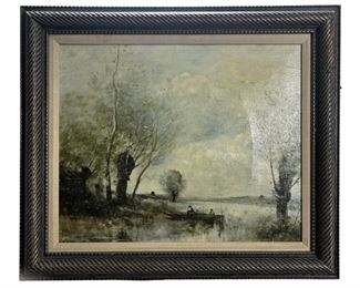 Signed Corot “Anglers on Lake” Landscape Giclee
