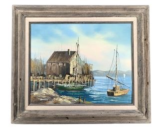 Signed Alcott Boat Dock Landscape Oil on Canvas
