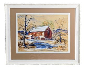 Signed P. Metzger Watercolor Winter Farm Art
