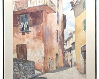 Signed E. Saite Old City Scene Watercolor Painting
