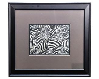 Framed Watercolor & Pen on Paper Zebra Herd Art
