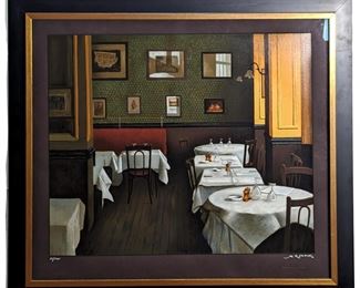 Signed X. Renoux "Paris Cafe Interior" Lithograph
