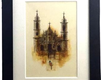 Signed Mixed Media Cathedral Painting
