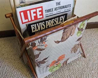 Vintage magazine rack and magazines