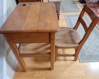 Antique Wood Child's School Desk With Inkwell Hole in Desk and Under Desk Book Storage and Chair Set