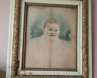 Creepy Antique Baby Portrait in Gold Gild and White Wood Frame