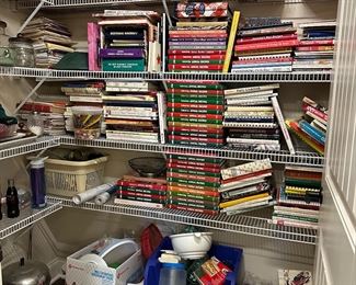 Tons of cookbooks and pantry items