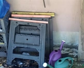 Gardening tools and saw horses