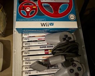 Wii games, controller and NIB steering wheel