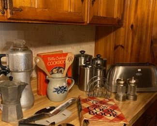 Vintage coffee pots & cookbooks, pampered chef