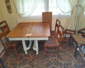 Antique Pine Table with 4 Rush Seat Chairs 