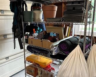 SHELVING UNIT, PLANTERS, SLEEPING BAGS