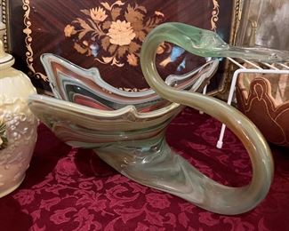 blown glass swan candy dish