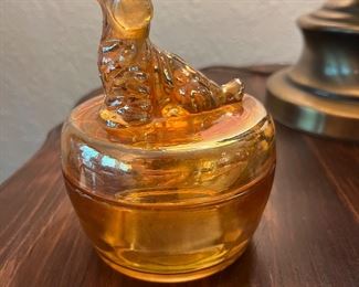 Scotty Dog Powder Jar, Marigold Carnival Glass