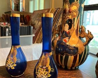 cobalt blue Bohemian or Murano-style glass vases, made in Japan