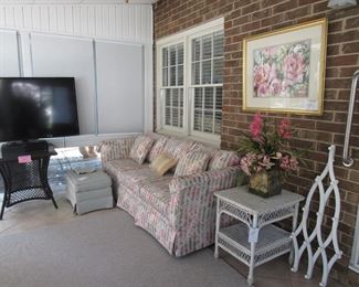 sofa, ottoman, folding rack, wicker table, Phoebe DeVaughn painting, floral