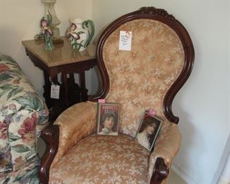 Beautiful Victorian chair, books, rare peach colored marble top Victorian table, Fitz and Floyd