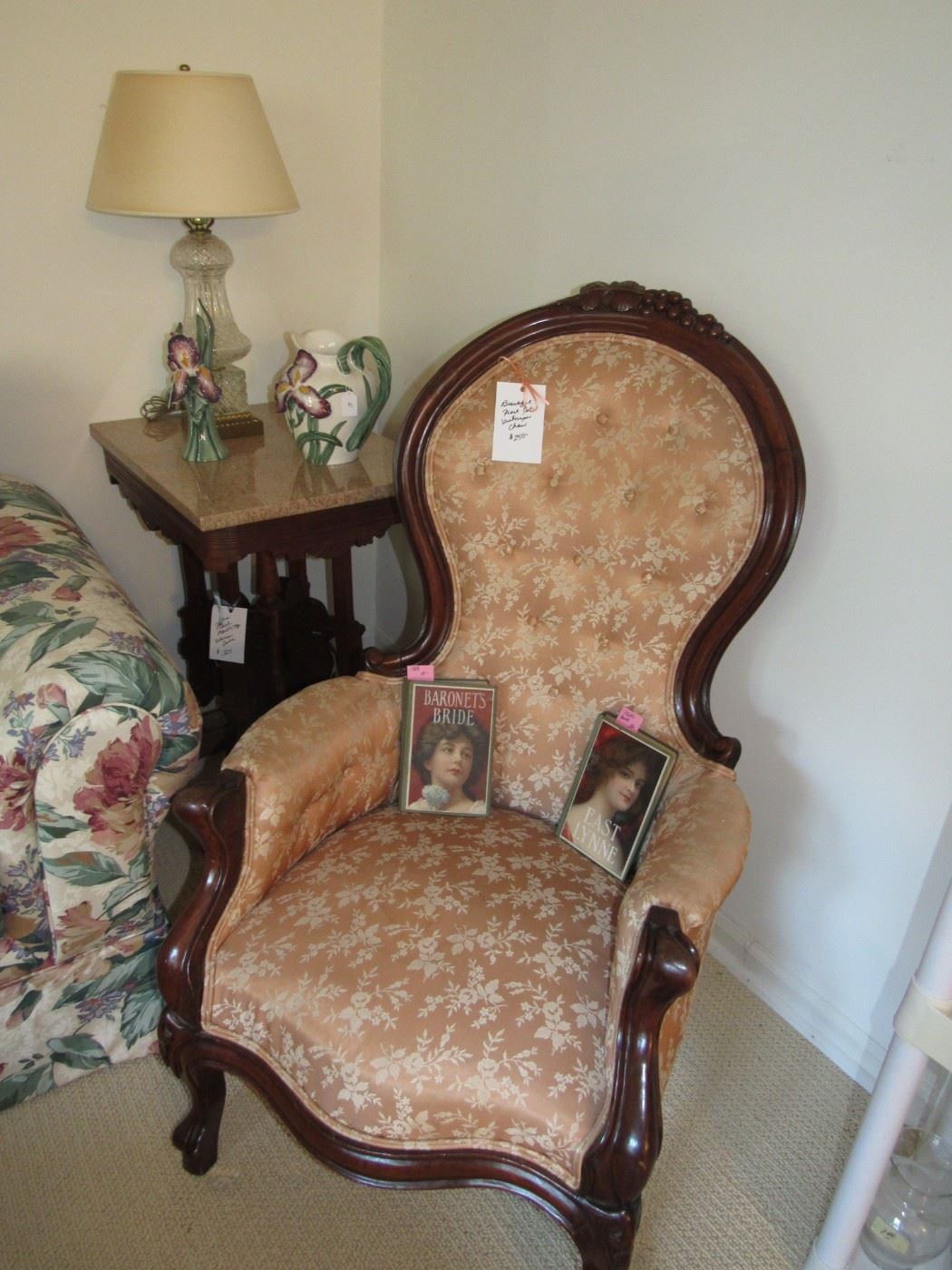 Beautiful Victorian chair, books, rare peach colored marble top Victorian table, Fitz and Floyd