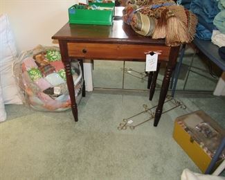nice desk/table, sewing misc., puffy quilt