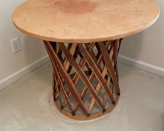 Mexican equipale table…pigskin top w/split cedar strip base