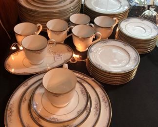 China- Noritake Ontario china. Eight five-piece place settings with extra dinner plate, salad plate, bread/butter plate and saucer.  Can be sold by place settings or entire set at a reduced price.  Never used except the cups, saucers and salad plates were used two times.  