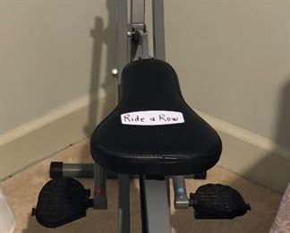 Exercise Bike-Row & Ride.  You sit of the seat, put your hands on the handle bars & your feet on the pedals and you stand to push the pedals down as the bar comes toward you.  You are pushing down on your feet and pulling back with your arms.