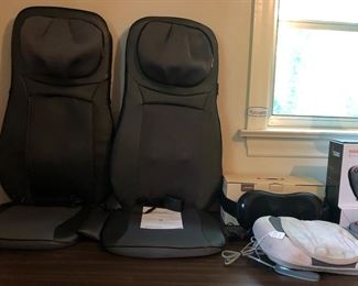 Massagers- the two large ones are neck and back chair massager with timer (5 min., 10 min., 15 min.) Heat and controls to specific location for massage-neck, spot, full back, upper back, lower back.  Also has vibration- one is model SL-233G & the other is model SL-233
Black (2)

