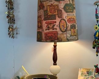 Early American Revival wood and milk glass table lamp, Evla studio pottery bowl, brass and beaded Camel wind chimes