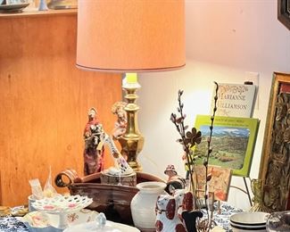Brass table lamp, Staffordshire dogs, O.P. Co. Syracuse china covered casserole, studio pottery, assorted dishware