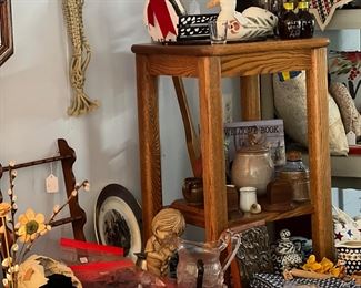 Small oak table, Polish Boleslawiec dishes, Deneen honey jar